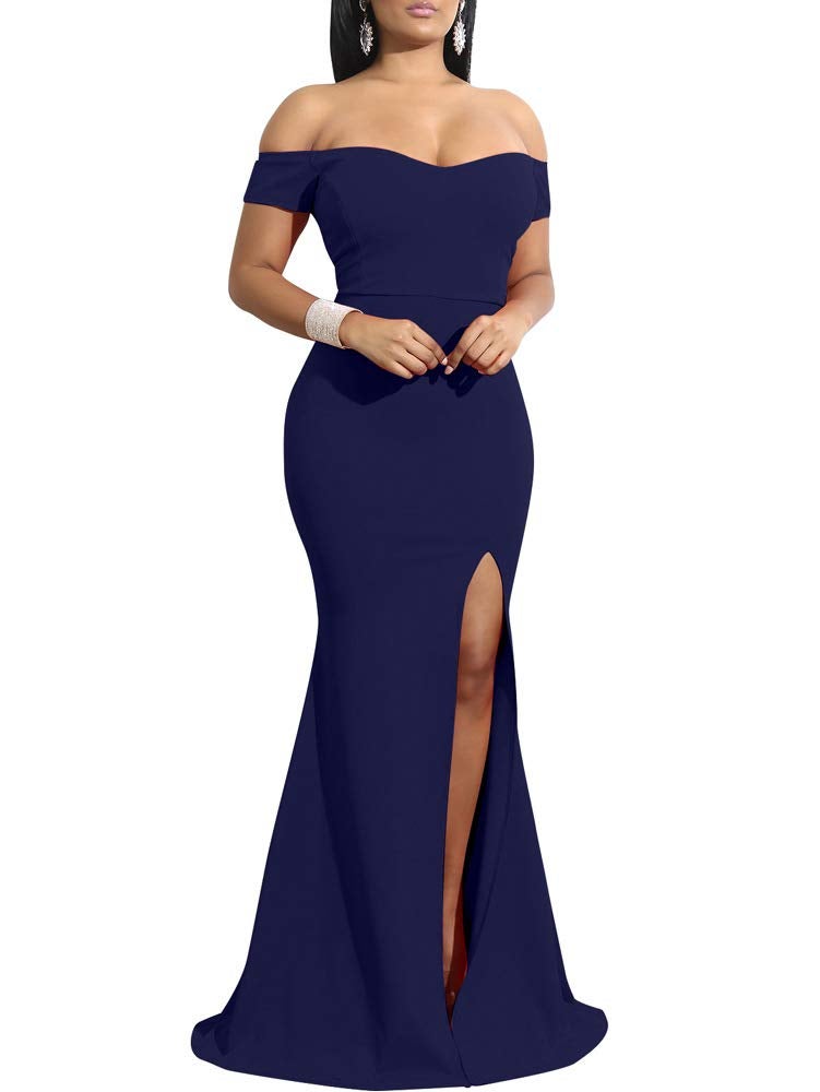 YMDUCH Women's Off Shoulder High Split Long Formal Party Dress Evening Gown Navy - Image 1
